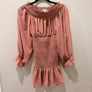 🌸 HYFVE Dusty Rose Smocked Dress with Ruffle Sleeves & Hem – Size S